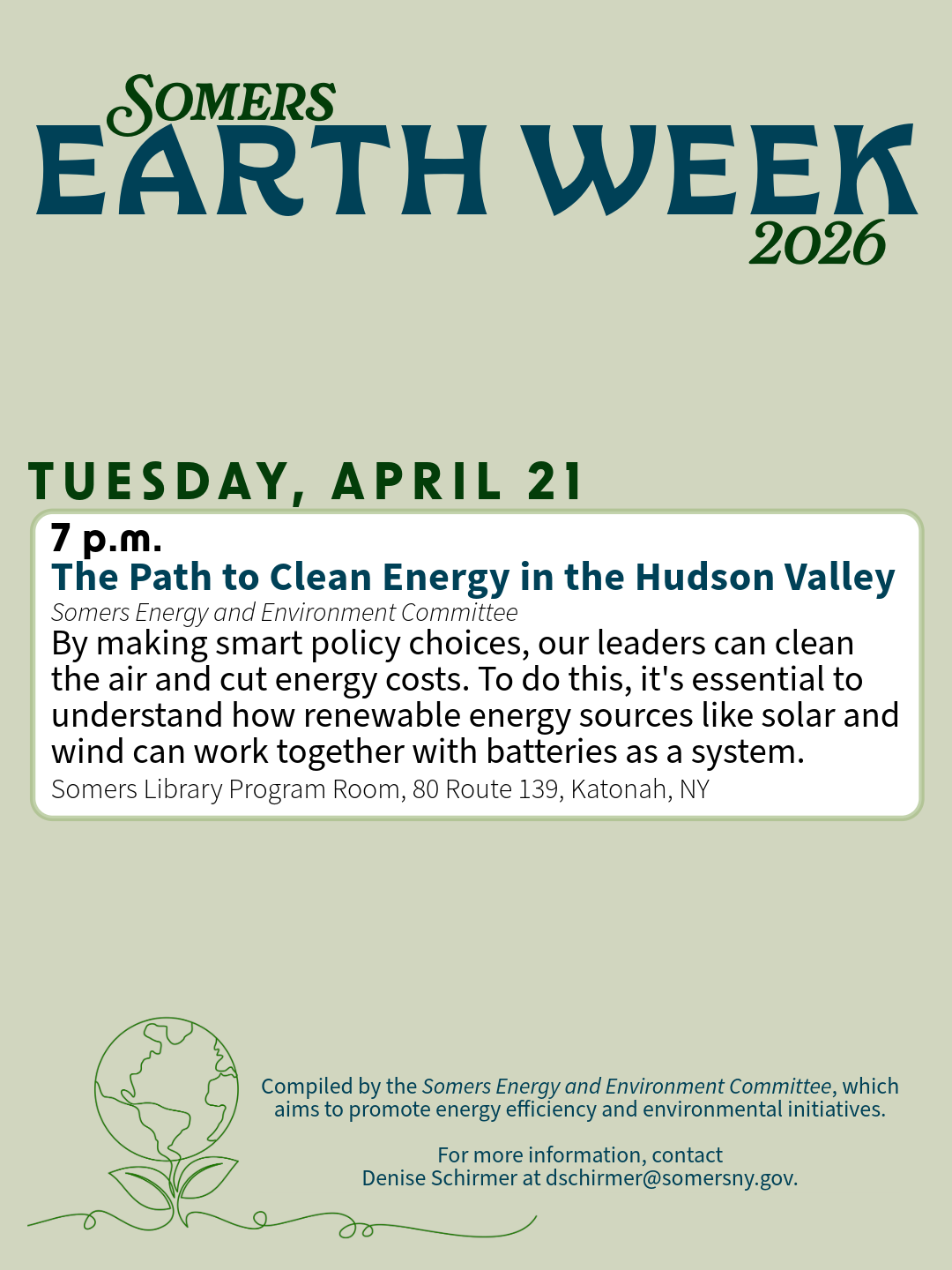 Somers Earth Week 2026 - Tuesday April 21 - The Path to Clean Energy in the Hudson Valley